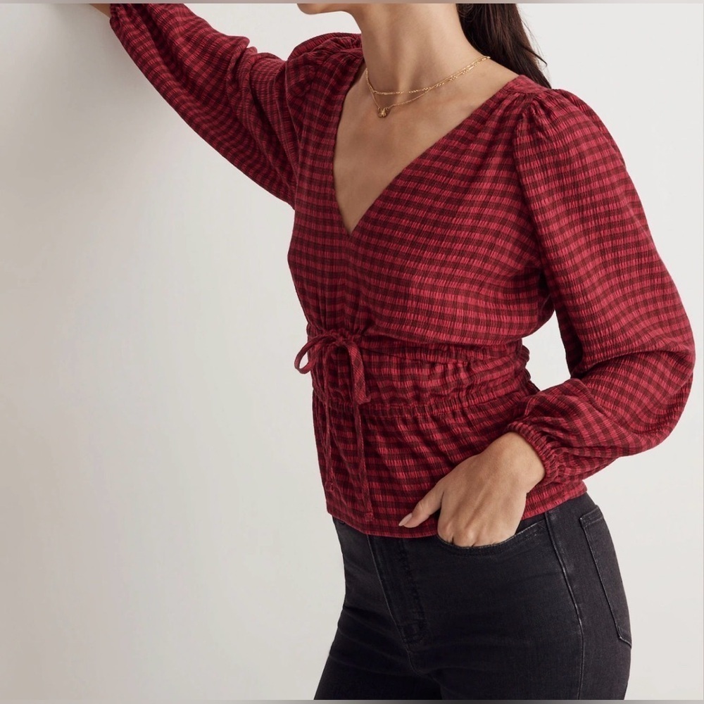 Madewell Crinkled V-Neck Peplum Top in Plaid, Size XS